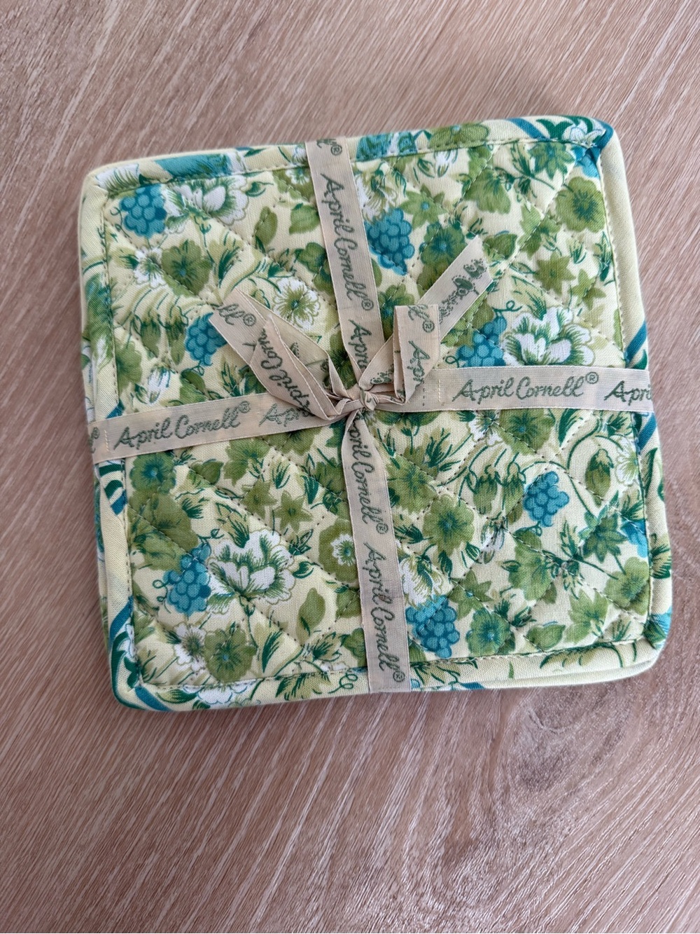 April Cornell yellow blue green floral quilted pot holders set of 3
